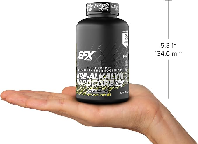 EFX Sports Kre-Alkalyn Hardcore | Thermogenic pH Correct Creatine Monohydrate Pill Supplement | Energy & Strength Pre Workout | 60 Servings, 180 Capsules