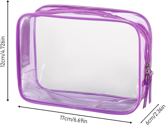 Clear Plastic Violet Zippered Toiletry Carry Pouch TSA Approved Toiletry Bag Portable Cosmetic Makeup Bag for Vacation, Bathroom and Organizing (Violet 3Pcs, Small)