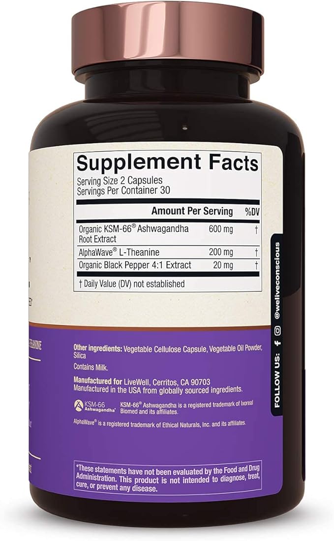 Live Conscious KSM-66 Ashwagandha Supplement w/L Theanine & AlphaWave - ZenWell Everyday Stress Relief, Mood Support, Cognitive, Brain Health - Ashwagandha for Men & Women - 60 Capsules