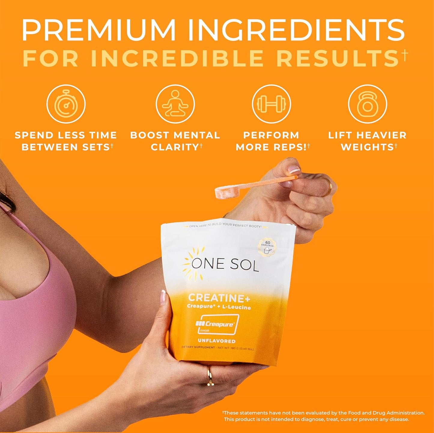 One Sol Creatine for Women Booty Gain, All Natural Women’s Creatine Powder w Creapure & Leucine, Increase Lean Muscle Mass, Reduce Recovery Time, Promotes Brain & Bone Health (Unflavored, 60 Servings)