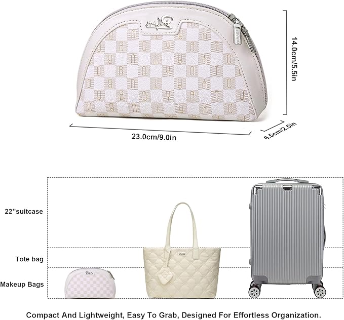 Small Makeup Bag for Purse Cosmetic Bag: Checkered Make up Bag for Women - Cute Preppy Skincare Bags for Evening - Waterproof Travel Pouch for Toiletry Organizer with Mirror & Zipper(024-White)