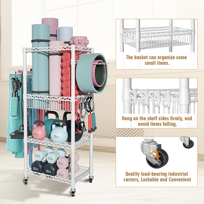 Home Gym Storage, 3 Tiers Workout Equipment Organizer with Wheels for Yoga Mats, Foam Roller, Dumbbells, Kettlebells, and Resistance Bands