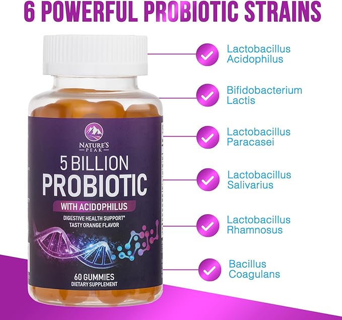 Probiotic Gummies for Women, Men & Teens - 5 Billion CFUs, 6 Probiotic Strains, Orange Flavor - Daily Probiotic Gummy Supplements for Natural Digestive Health, “Good” Gut & Immune Support - 60 Count