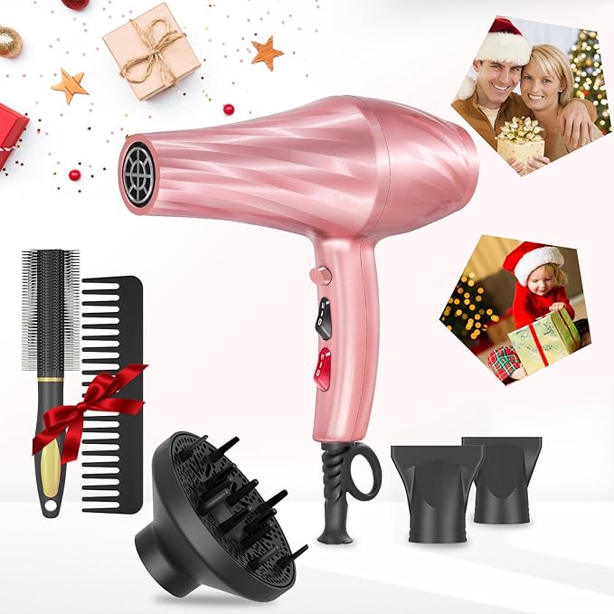 Ionic Hair Dryer,2400W Negative Ion Low Noise Hair Dryer Professional Fast Drying Hair Dryer with 2 Speeds, 3 Heat Settings, Cooling Button,with Diffuser for Curly and Straight Hair(Sakura Pink)
