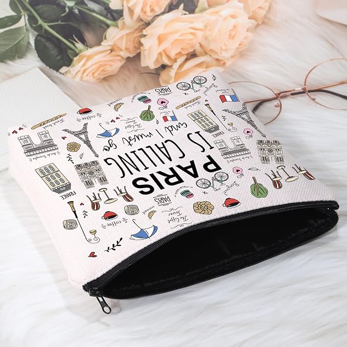 POFULL Paris Themed Gifts Paris Is Calling And I Must Go Cosmetic Bag Paris Lover Gift (Paris Is Calling Cosmetic Bag)
