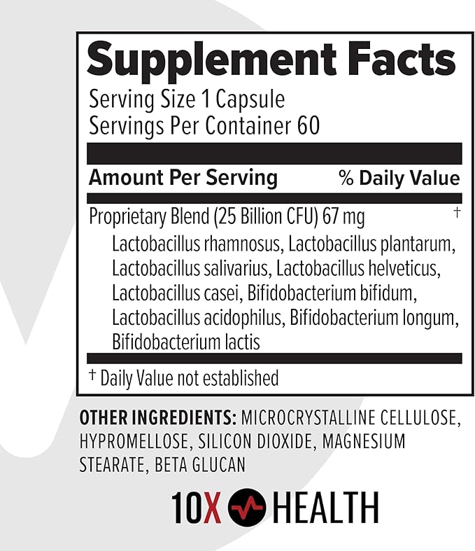 10X Health Probiotics - Immune Support Supplement & Probiotics for Digestive Health w/Lactobacillus Acidophilus, Rhamnosus & Bifidobacterium Longum, Dietary Supplements w/Essential Enzymes (60 Caps)