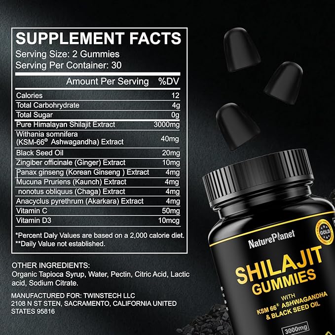 3000 MG Shilajit Gummies, Pure Himalayan Shilajit Extract Organic with 85+ Trace Minerals for Energy & Vitality, 60 Count