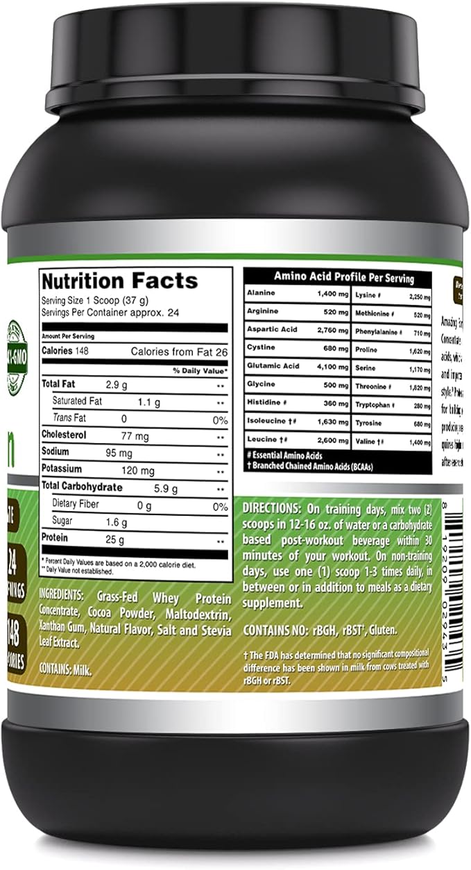 Amazing Formulas Grass Fed Whey Protein Supplement | Chocolate Flavor | 907 G | Non-GMO | Gluten-Free | Made in USA