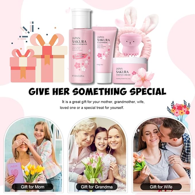 Skincare Set Sakura Teen Girls Gifts - Skin Care Set - 5PCS Skin Care Kit - Skincare for Teens 10-12 - Hydrating Skin Care Sets & Kits - Makeup Remover,Bunny Headband,Cleansing Brush,Cleanser,Cream