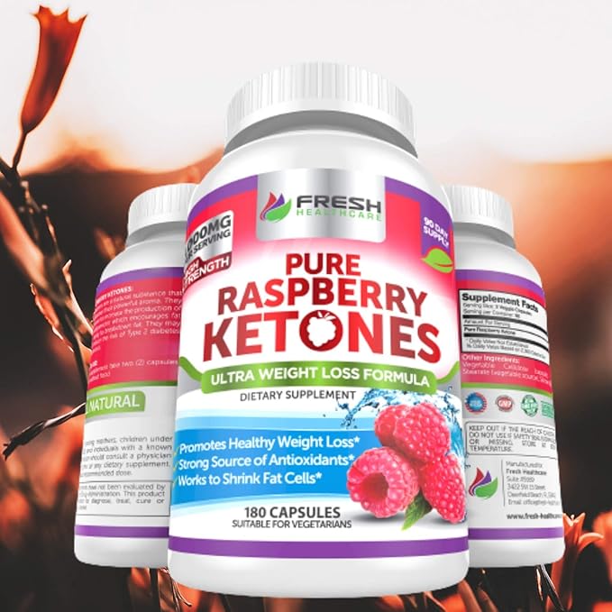 FRESH HEALTHCARE Pure 100% Raspberry Ketones Max 1000mg Per Serving - 3 Month Supply Non GMO - Advanced Weight Loss Support - 180 Capsules