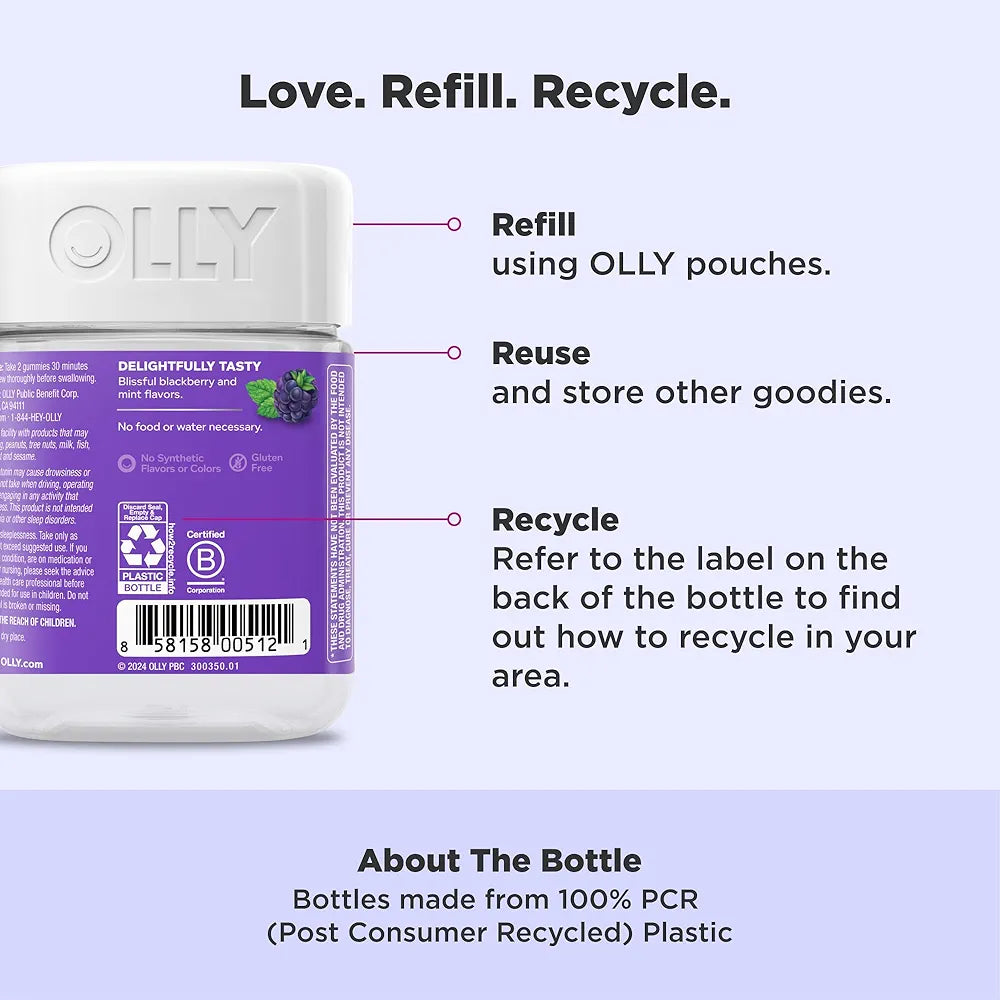 OLLY Restful Sleep Gummy Supplement with Melatonin & L-Theanine Chamomile, Blackberry Zen, 50 Gummies (25 Day Supply) Supports a Healthy Sleep Cycle* (Packaging May Vary)