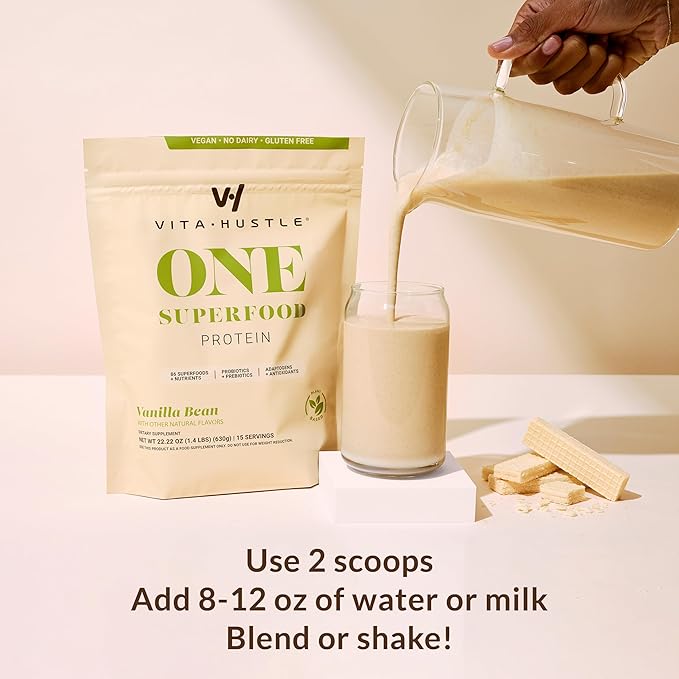 VitaHustle ONE - Superfood Meal Replacement Shake, Plant Based Protein Powder, Vegan. 86 Superfoods, Vitamins, & Minerals, Ashwagandha, Adaptogens. Founded by Kevin Hart. (Vanilla) 15 Servings