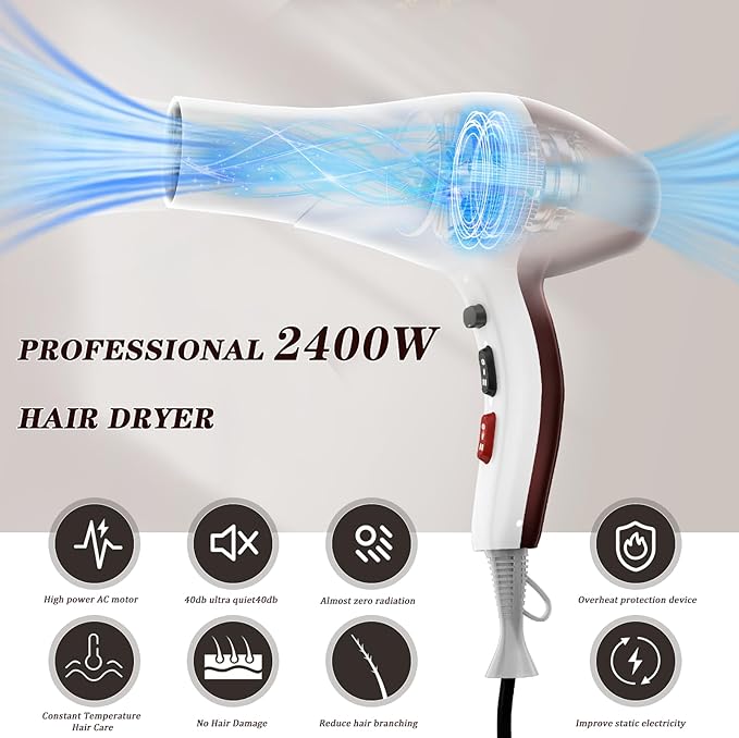 Hair Dryer, Professional Ionic Blow Dryer with Diffuser for Curly Hair,2400W Powerful Fast Drying Hairdryer Blowdryer for Women Men Home Salon Hair Styling,Constant Temp Low Noise