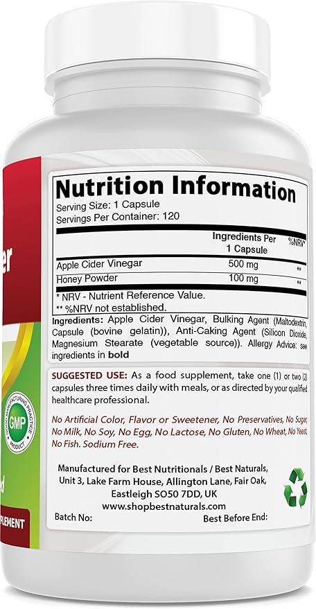 Best Naturals Apple Cider Vinegar Plus 500 Mg Capsules, 120 Count
