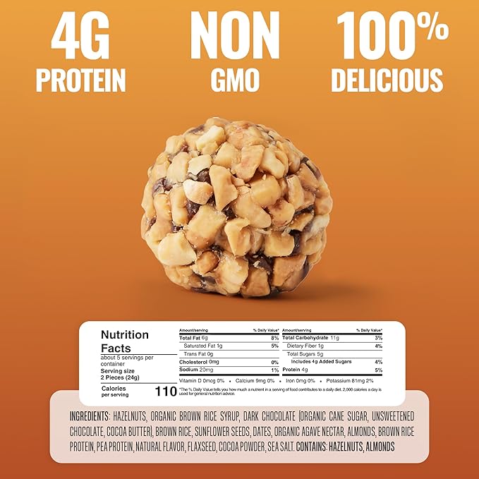 The Gluten Free Brothers Dark Chocolate Hazelnut Bites - Grain Free Protein Balls – Non GMO, Soy Free, Vegan – Paleo Friendly Snack Size Plant Based Protein Energy Balls, 4 oz (6 Count)