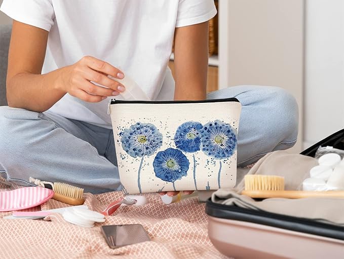 Watercolor Blue Flowers Makeup Bag,Spring Summer Flower Cosmetic Bag Best Gift Idea for Teen Girls Women,Birthday Christmas Gifts for Girls Women Daughter Sister