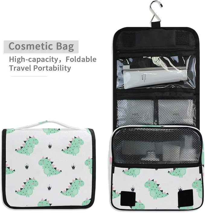 senya Hanging Travel Toiletry Bag Kit Boys Makeup Case Cosmetics Organizer for Men Women (Green Dinosaur)