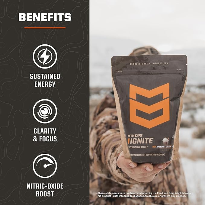 MTN OPS Hot Ignite Supercharged Energy Drink Mix Focus Enhancer, Charged Cocoa - 20 Trail Packs