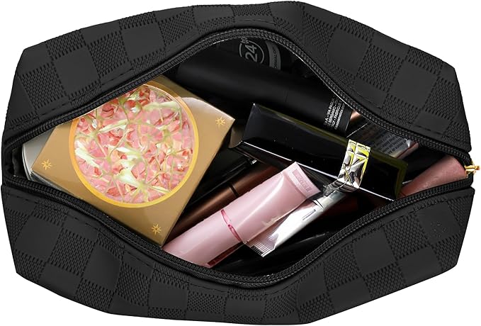 Hedume Set of 4 Makeup Bags, Black Leather Portable Travel Cosmetic Bag, Waterproof Cosmetic Bag Set, Multifunction Organizer Storage Bag for Makeup, Toiletries, Brushes and Accessories