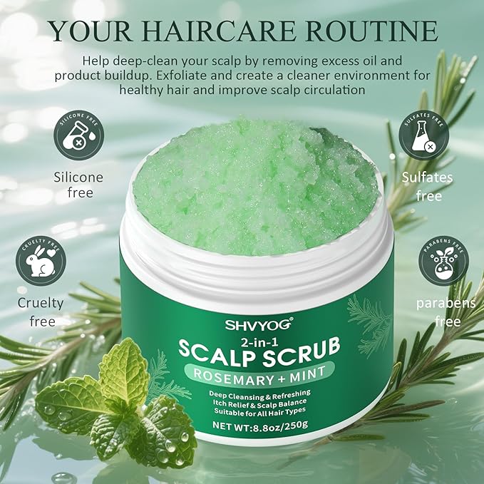 SHVYOG Scalp Scrub, Rosemary Exfoliator Scrub with Peppermint & Sea Salt, Anti-Dandruff Detox Clarifying Exfoliator for Build Up, Itchy Scalp, Oily & Dry Hair with Scalp Massager