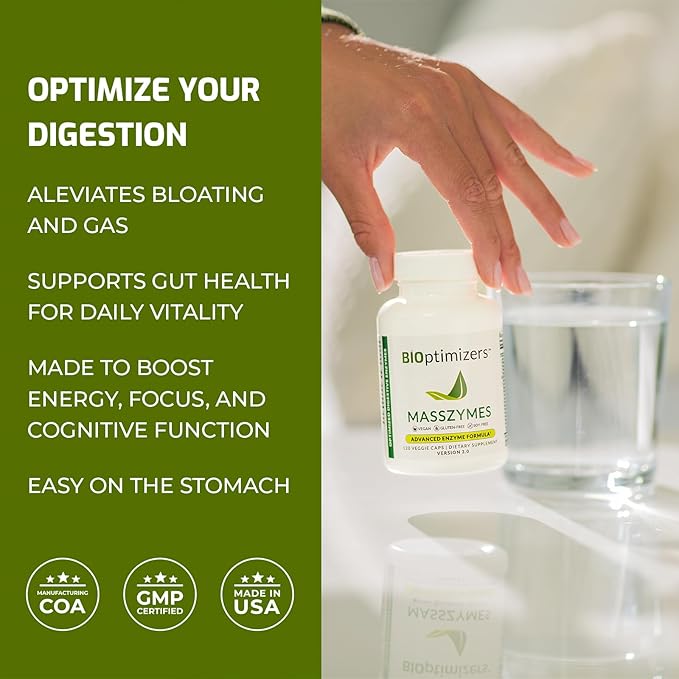 BiOptimizers MassZymes - Complete Digestive Enzymes Supplement for Gut Health - Bloating Relief for Men and Women - Lipase Amylase Bromelain Digestive Enzymes (120 Capsules)