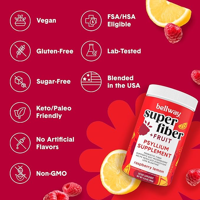 Bellway Super Fiber Powder + Fruit (3 Pack), Sugar Free Organic Psyllium Husk Powder Fiber Supplement for Regularity, Bloating Relief & Gut Health, Non-GMO, Plant-Based, Raspberry Lemon (150 Servings)