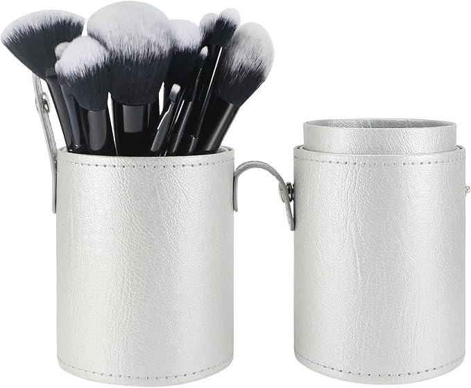 Portable Makeup Brush Case,Pu Leather Makeup Brush Holder with Button,Travel Cup Storage Dustproof Makeup Cosmetic Bags for Women (Silver)