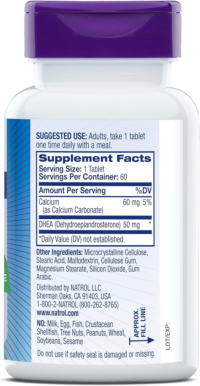 Natrol Mood & Stress DHEA 50mg With Calcium, Dietary Supplement for Balance of Certain Hormone Level and Mood Support, 60 Tablets, 60 Day Supply