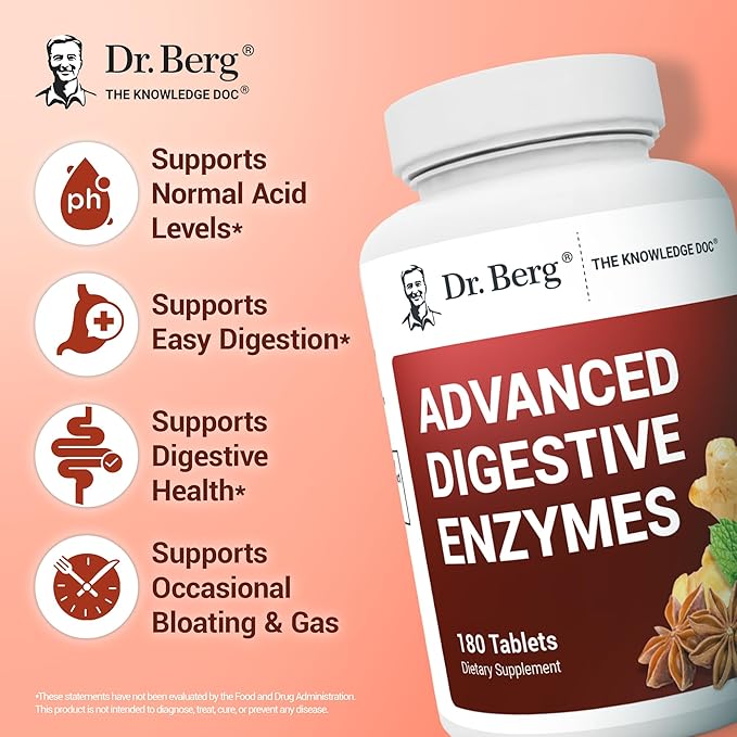 Dr. Berg Advanced Digestive Enzymes with Apple Cider Vinegar - Includes Digestive Health Ingredients Like Betaine Hydrochloride (HCI), Ginger Root & Peppermint Leaf - 180 Tablets