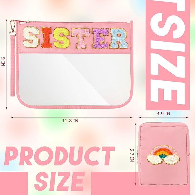 Hillban 2 Pcs Big Sister Gifts from Sister Chenille Letter Bags Preppy Makeup Cosmetic Bag Clear Toiletry Travel Pouch PVC Waterproof Purse Graduate Gift for Friends Women Birthday Souvenir