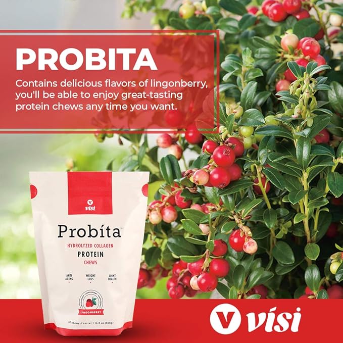 VISI Probita Hydrolyzed Collagen Protein Chews - 60 Chews - Non GMO (Lingonberry)