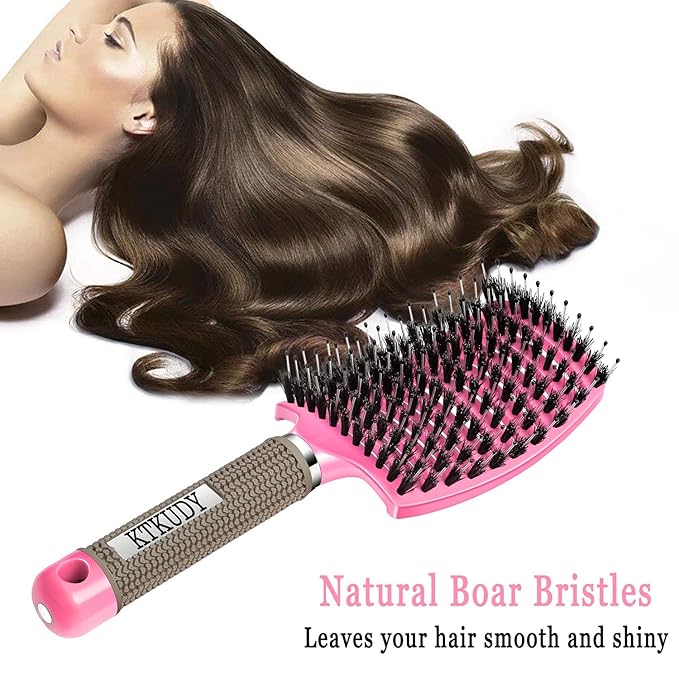 KTKUDY Detangling Brush Boar Bristles Hairbrush Make Hair Shiny & Healthier Curved and Vented Detangler Brush for Women Men Kids Wet & Dry Hair (Pink)
