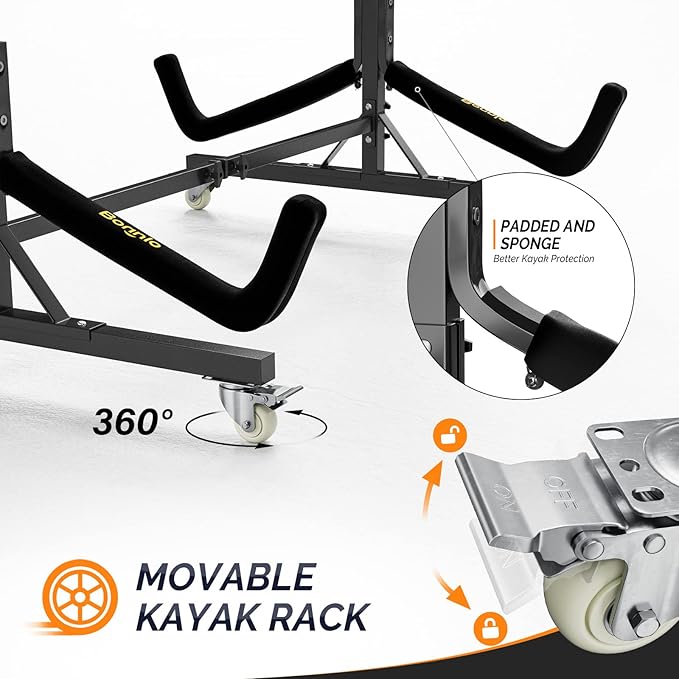Bonnlo Kayak Stand Freestanding Storage Rack for Kayak Canoe Boat Paddle Board SUP Surfboard for Indoor Outdoor Garage, Shed, Dock with Lockable Wheels Wide Adjustable