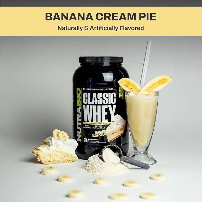 NutraBio Classic Whey Protein Powder- 25G Protein Per Scoop - Full-Spectrum Amino Acid Profile - No Fillers, Artificial Colors, Preservatives - (Banana Cream Pie, 5 Pounds)