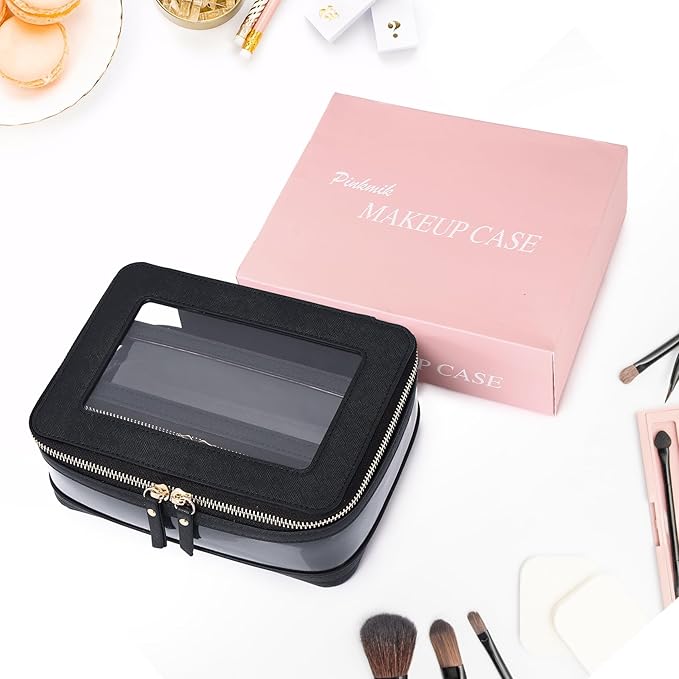 Travel Clear Makeup Bag with Brush Case TSA Approved Toiletry Bag Waterproof Cosmetic Organizer Car Essential for Women (Black, M+SLIM)