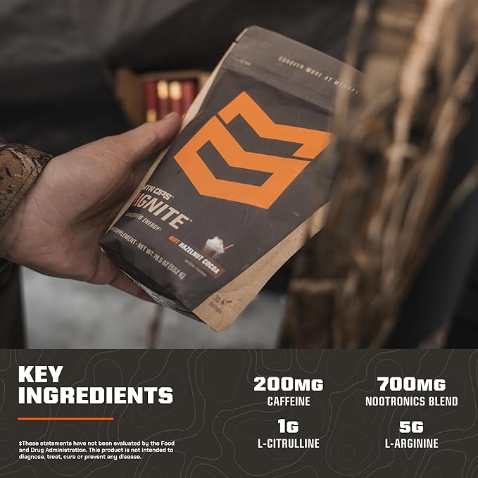 MTN OPS Hot Ignite Supercharged Energy Drink Mix Focus Enhancer, Charged Cocoa - 20 Trail Packs