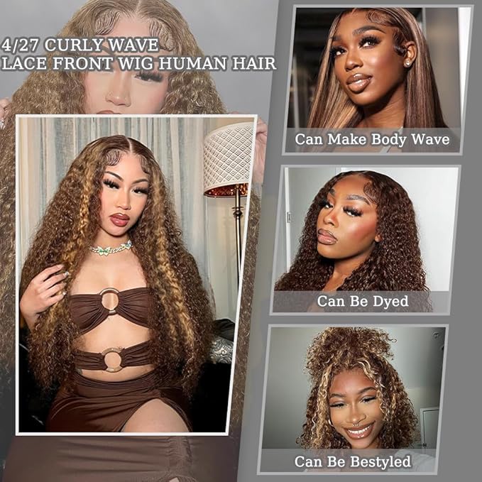 28inch Highlight Curly Lace Front Wigs Human Hair Balayage Brown Highlight 13X4 Deep Wave Wigs Human Hair Ombre Curly Wig #4/27 Colored Wigs for Women 180% Density
