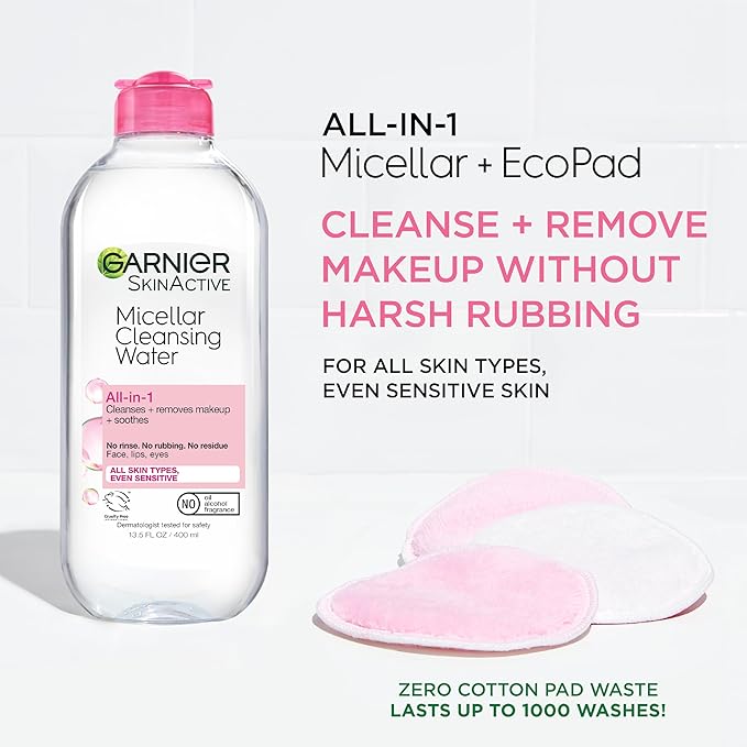 Garnier Micellar Water and Eco Pad Starter Kit, All-In-1 Facial Cleanser & Makeup Remover and 3 Piece Reusable Makeup Remover Pads Set
