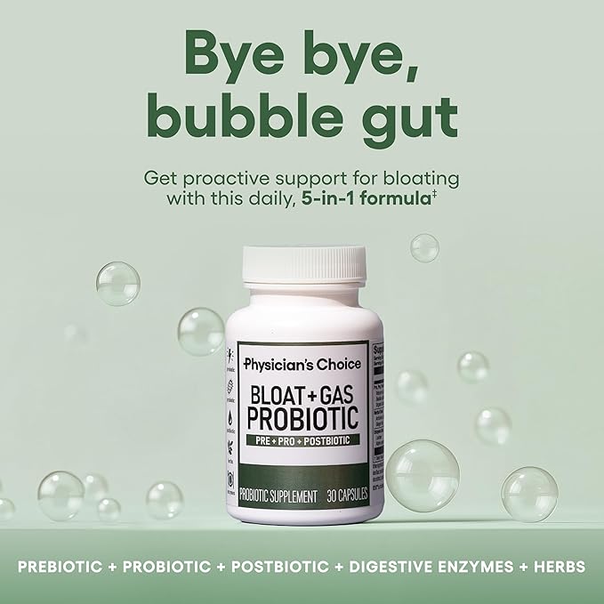Physician's CHOICE Bloat & Gas Probiotic 5-in-1 Proactive Support + Daily Relief - Digestion & Gut Health- Herbals, Digestive Enzymes, Post & Prebiotics - Gas Relief for Adults - Women & Men - 30ct