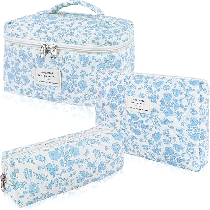 3Pcs Cotton Quilted Makeup Bag Set,Large Floral Cosmetic Bag,Aesthetic Toiletry Travel Makeup Bag Set and Cute Flower Bag for Women Girls (Blue White Flower)