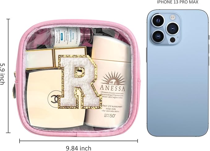 LETGO Initial Mini Makeup Bag | Make Up Bag Travel Toiletry Bag | Clear Makeup Bag | Cute Cosmetic Bags Organizer Travel Essentials Gifts for Women Girlfriend Teacher Brithday Gifts (Pink, R)