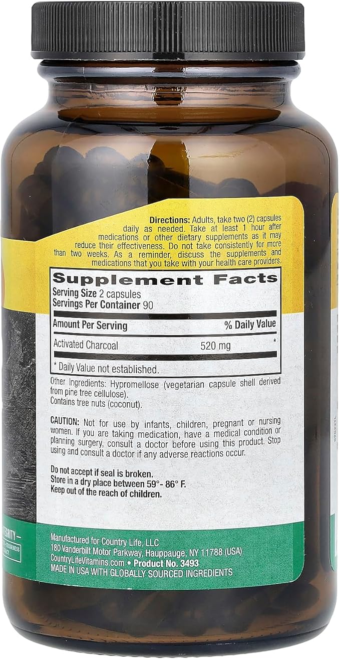Country Life Natural Activated Coconut Charcoal, 260 mg, 180 Capsules