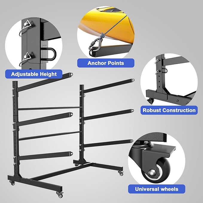 Heavy Duty Freestanding Kayak Storage Rack, Adjustable Metal Stand for Kayaks, Canoes, SUPs, Paddleboards & Surfboards with Lockable Wheels, Indoor & Outdoor Use