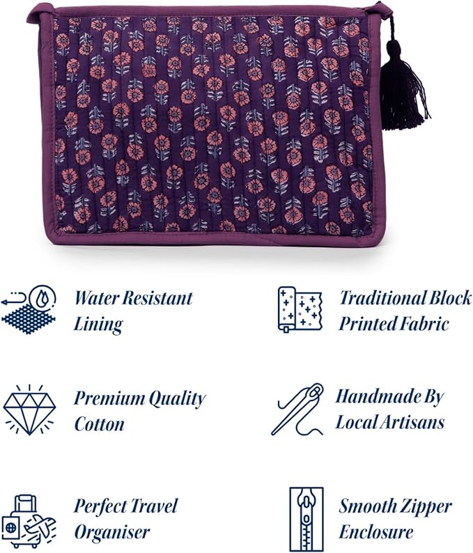 Quilted Makeup Bag- Large Capacity Cosmetic Bags for Women - Water Resistance Lining Portable Pouch & Open Toiletry Bag - Perfect Girls Makeup Organizer for Travel Essentials (Purple & Orange Floral)