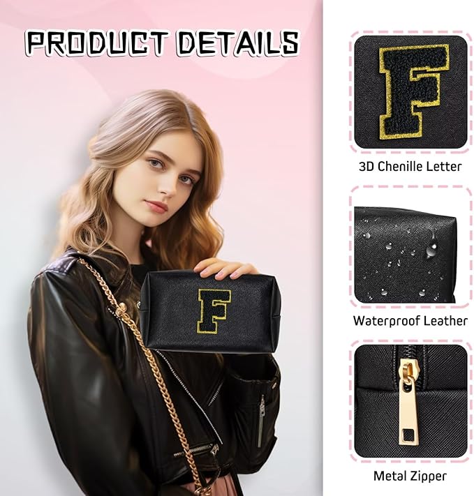 TOPEAST Initial Makeup Bags for Women, Cute Makeup Pouch, Waterproof Travel Toiletry Bag, Personalized Gifts for Girlfriend Wife on Valentine's Day Anniversary, Preppy Stuff Gift for Girl (Black W)