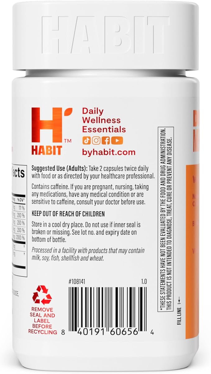 Habit Energy Supplement 2 Pack (120 Capsules) - New Look, Supports Energy, Mental Alertness and Focus, Natural Caffeine, Vitamins B & C, Green Tea Extract, Vegan, Non-GMO