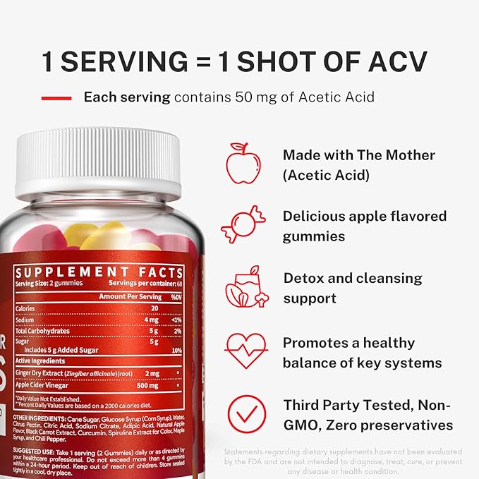 Apple Cider Vinegar Gummies with The Mother - ACV Gummies for Detox, Cleansing & Immune Support - Made with Black Carrot & Ginger Dry Extract - Pectin Based, Non-GMO, Gluten-Free (2 Pack)