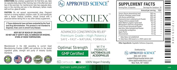 Approved Science Constilex - Rapid Constipation Relief & Support from Future Episodes - Promotes Healthy Levels of Bacteria and Strengthens Intestinal Flora - 3 Bottles