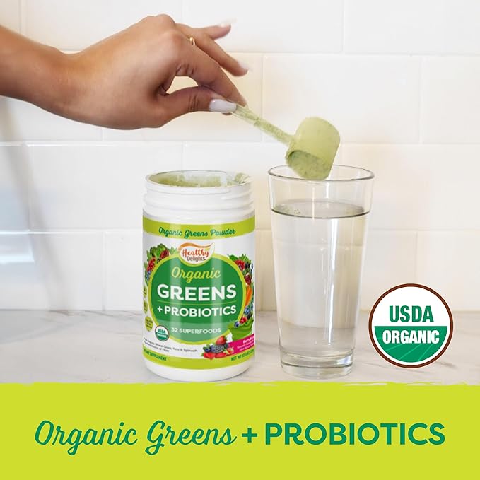 Healthy Delights Organic Greens Powder, Greens Powder with Fiber, Organic Greens Powder Superfood, Naturally Boost Energy, USDA Organic, Delicious Berry Flavored, 30 Servings (Packaging May Vary)