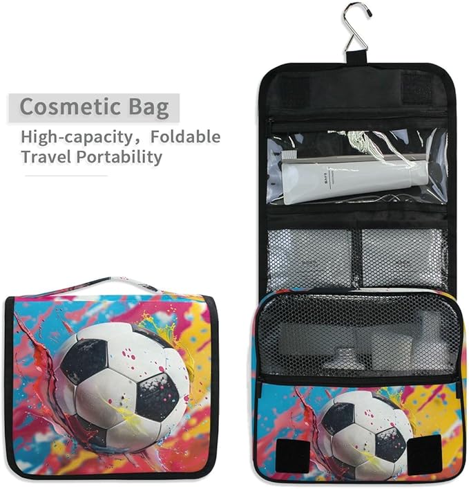 senya Hanging Travel Toiletry Bag Kit Boys Makeup Case Cosmetics Organizer for Men Women (Soccer Colorful)